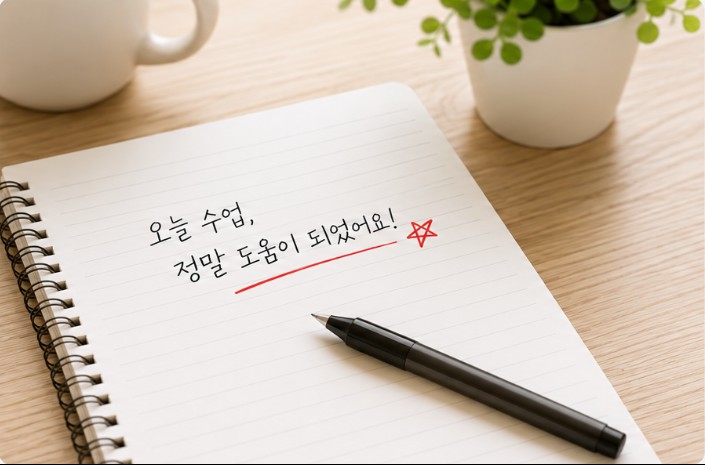 '오늘 수업, 정말 도움이 되었어요' 라고 적힌 노트